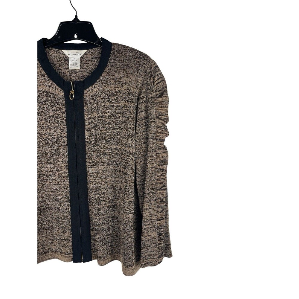 Misook L Brown Black Metallic Knit Cardigan Top Zip Front Ruched Sleeve Career - Picture 2 of 9